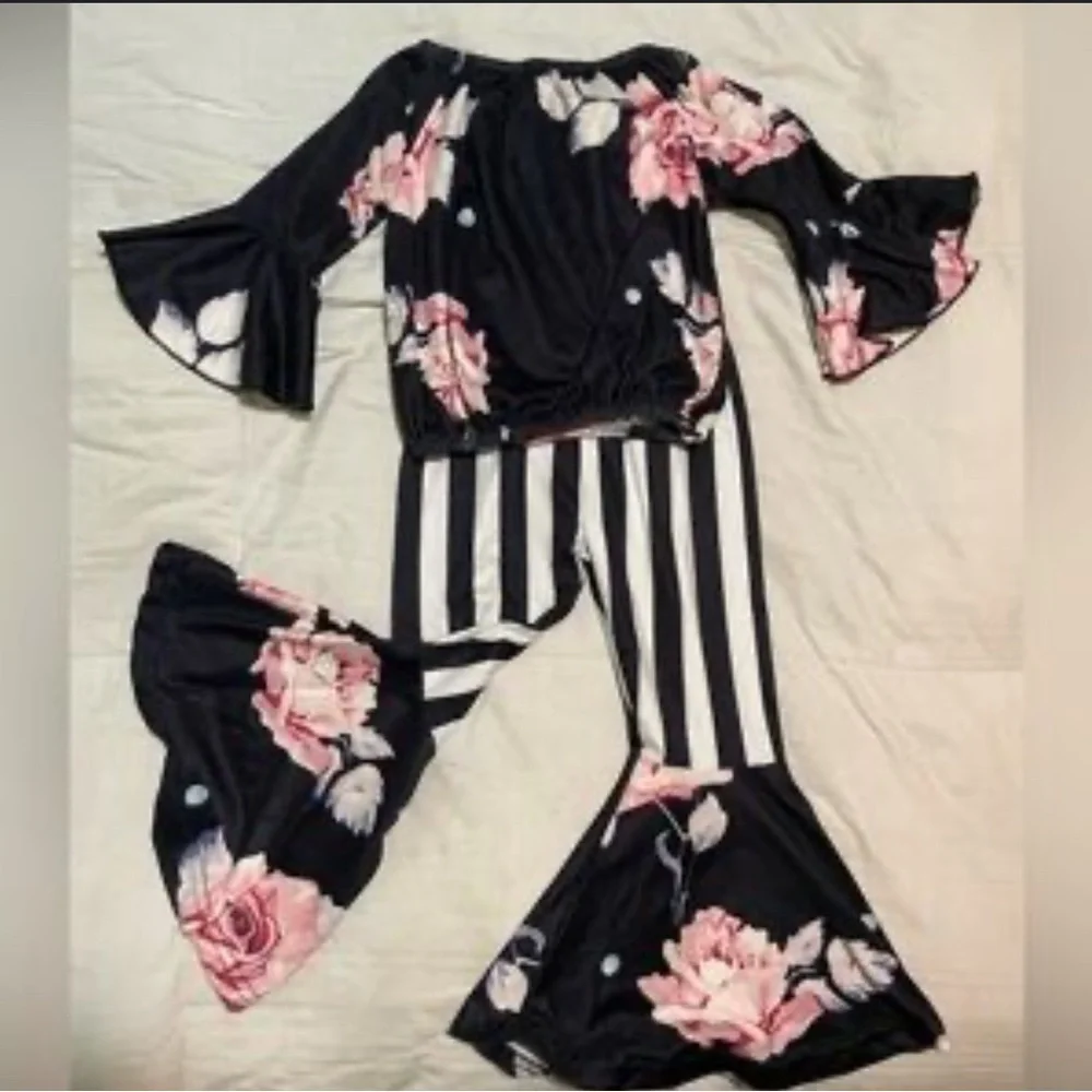 Floral Bell Sleeve Top and Striped Pants Set
